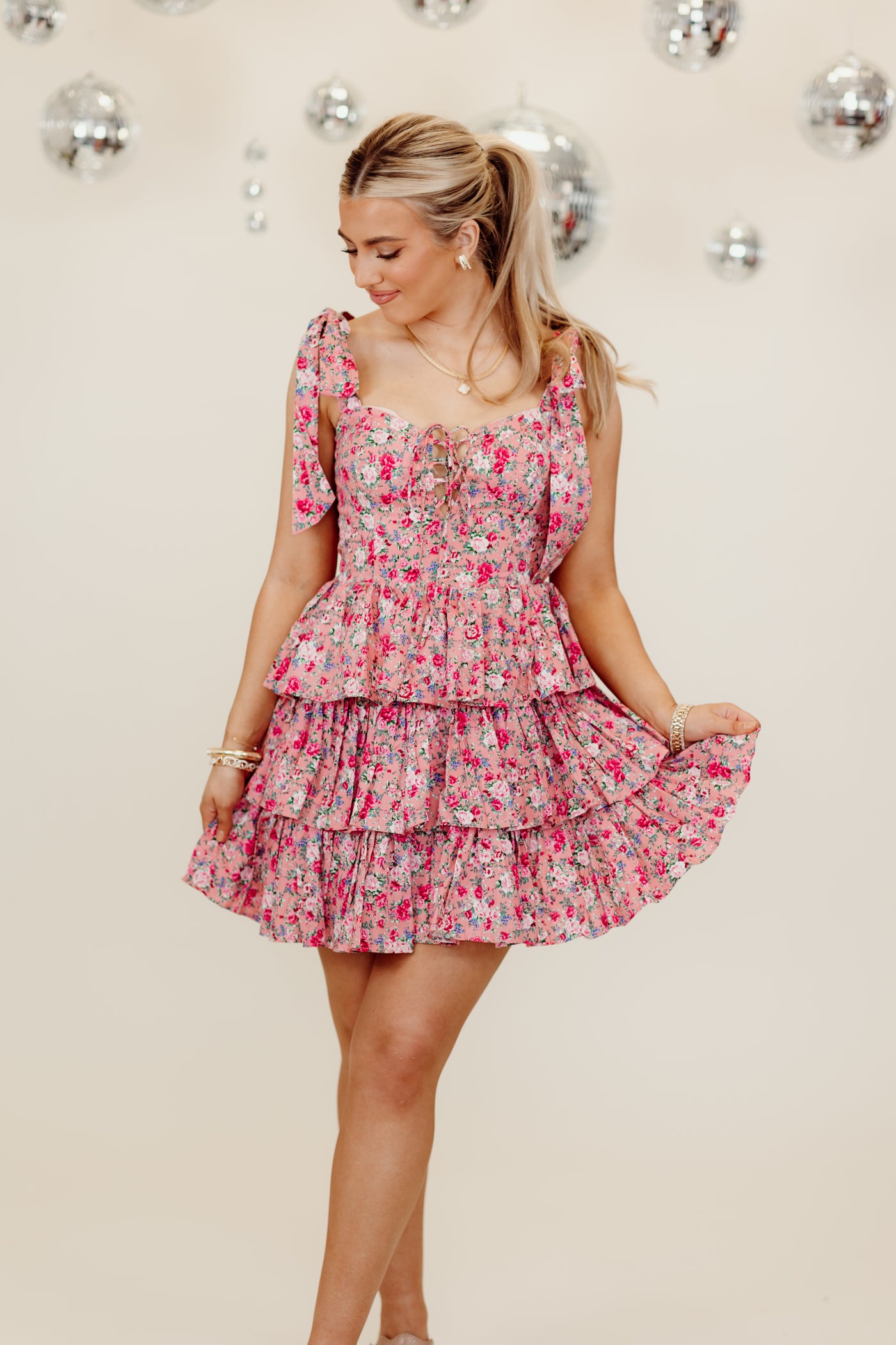 Pink Floral Tie Shoulder Tiered Corset Dress