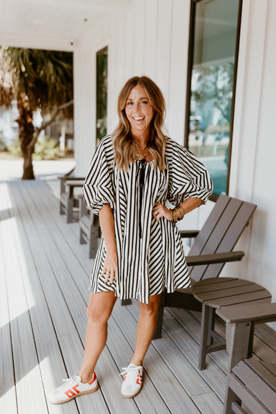 Black Striped Half Sleeve Tie Detail Dress