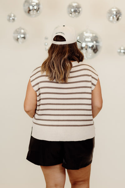 Oatmeal Striped Round Neck Short Sleeve Knit Top