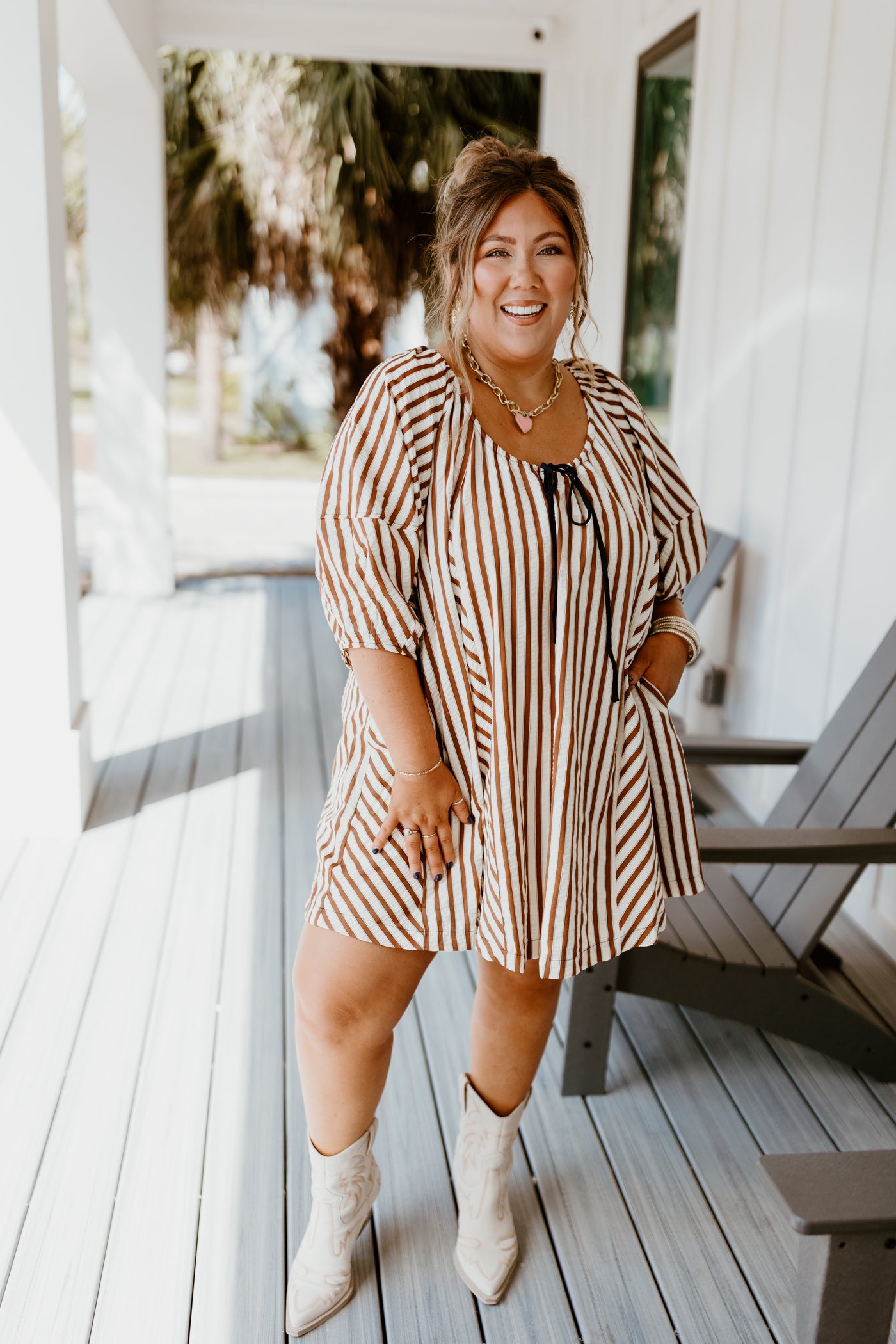 Brown Striped Half Sleeve Tie Detail Dress