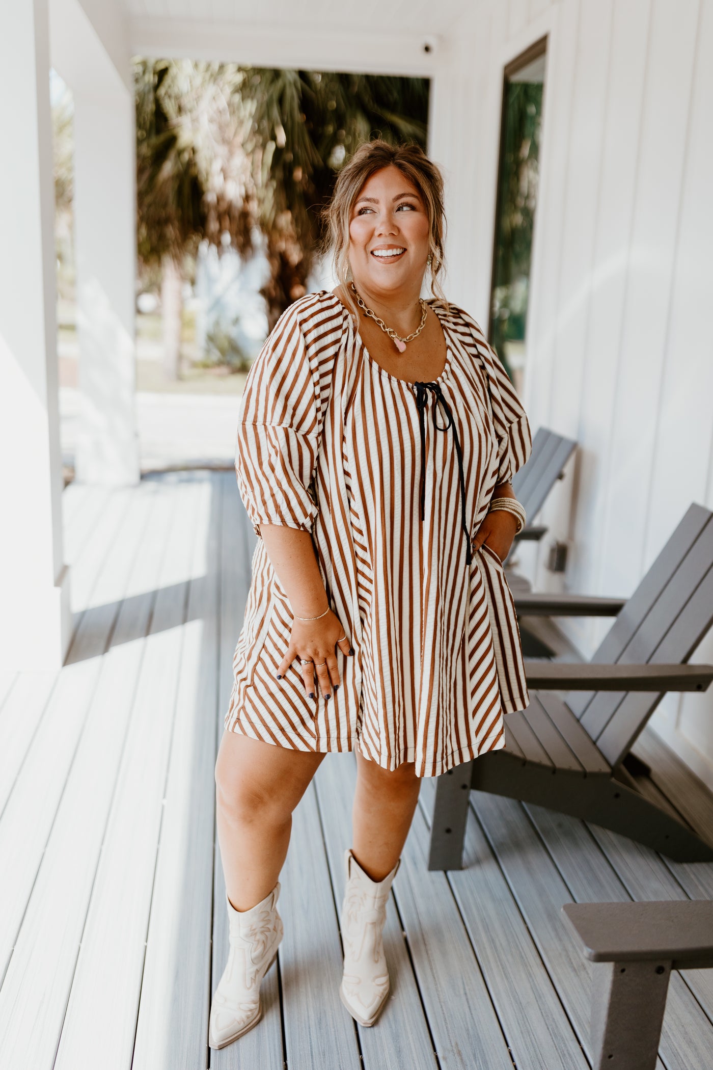 Brown Striped Half Sleeve Tie Detail Dress