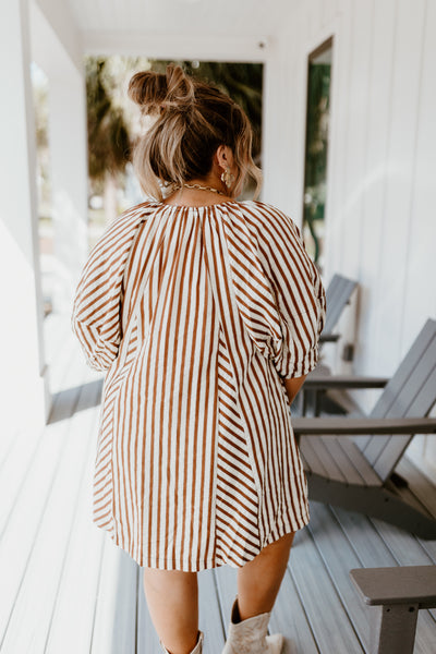 Brown Striped Half Sleeve Tie Detail Dress