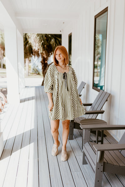 Olive Striped Half Sleeve Tie Detail Dress