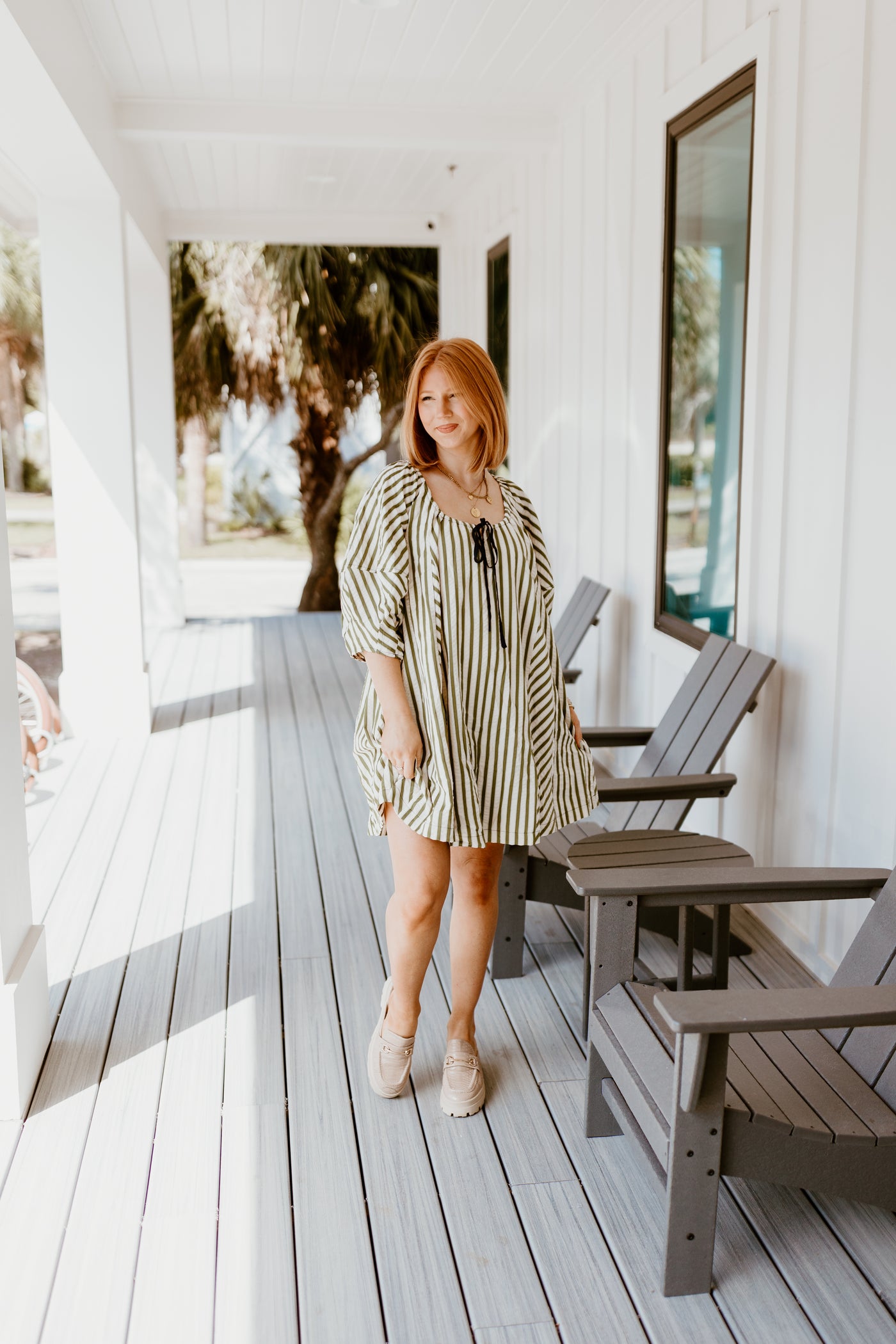 Olive Striped Half Sleeve Tie Detail Dress