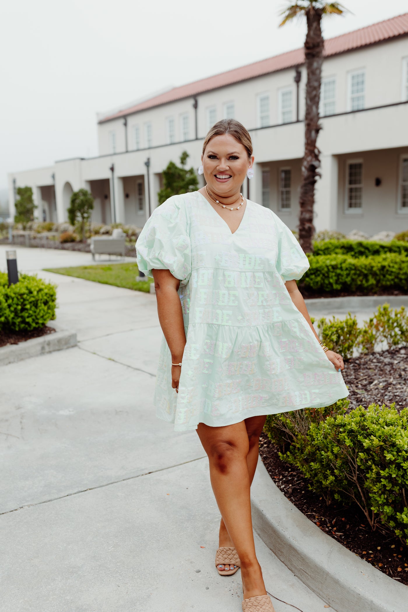 Queen Of Sparkles Mint Bride All Over Poof Sleeve Dress