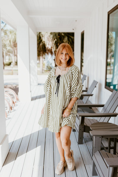 Olive Striped Half Sleeve Tie Detail Dress