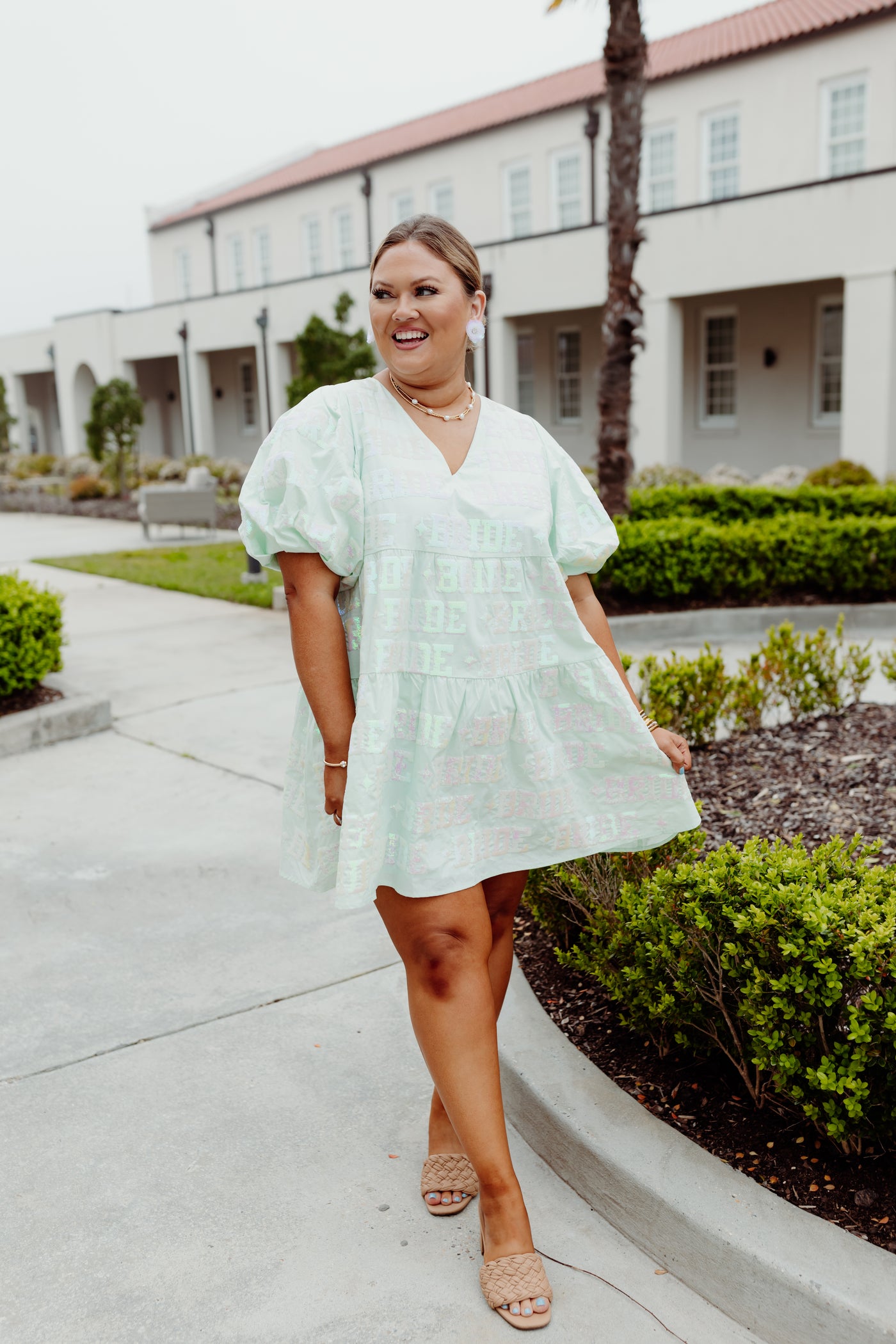 Queen Of Sparkles Mint Bride All Over Poof Sleeve Dress