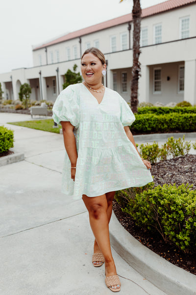 Queen Of Sparkles Mint Bride All Over Poof Sleeve Dress