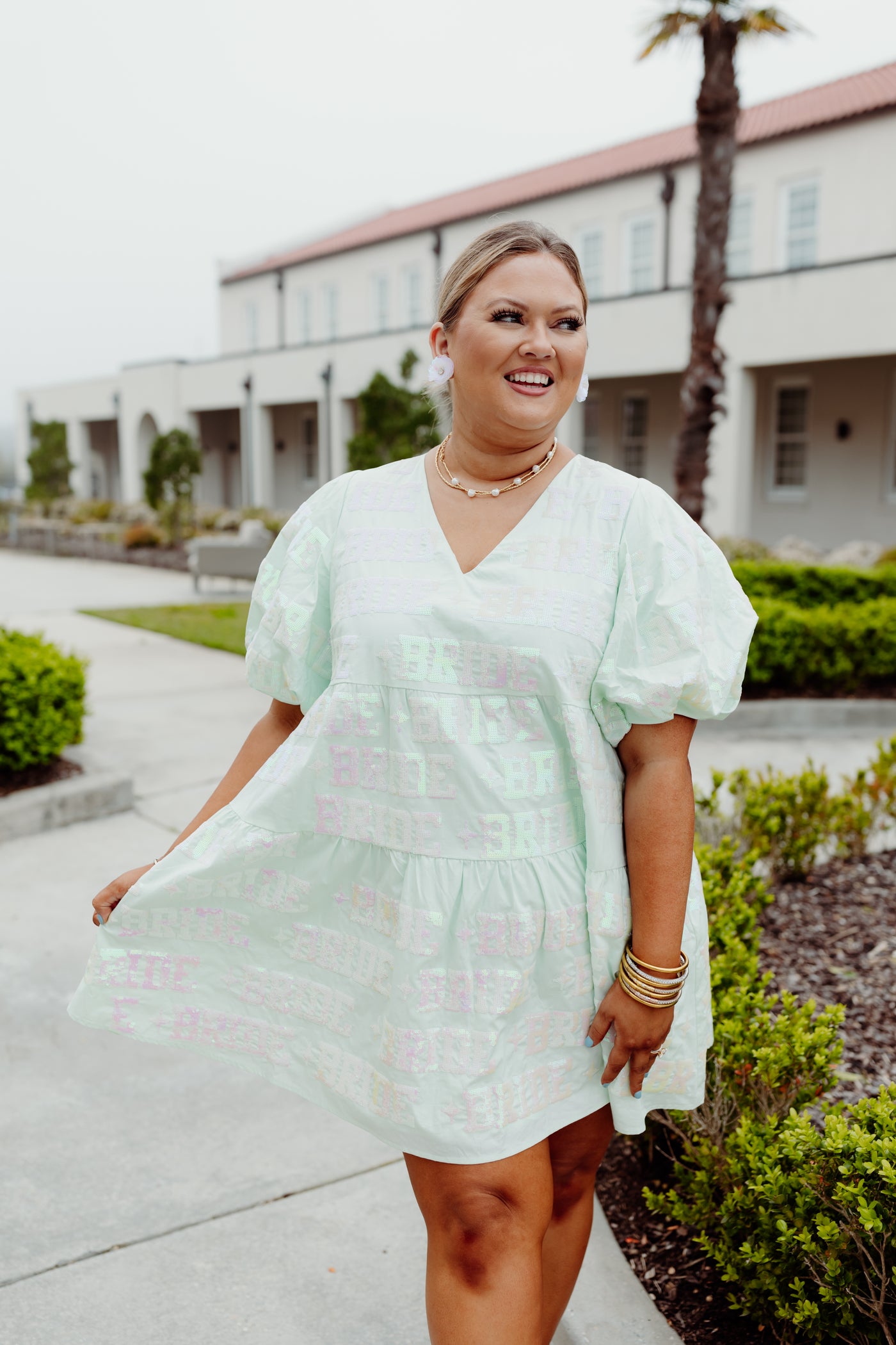 Queen Of Sparkles Mint Bride All Over Poof Sleeve Dress