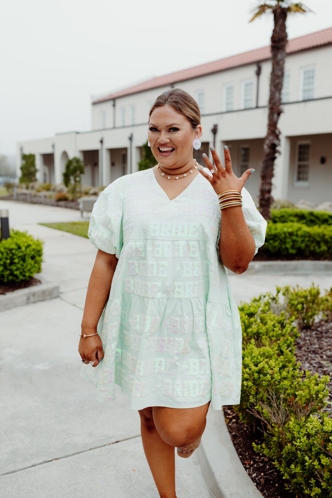 Queen Of Sparkles Mint Bride All Over Poof Sleeve Dress