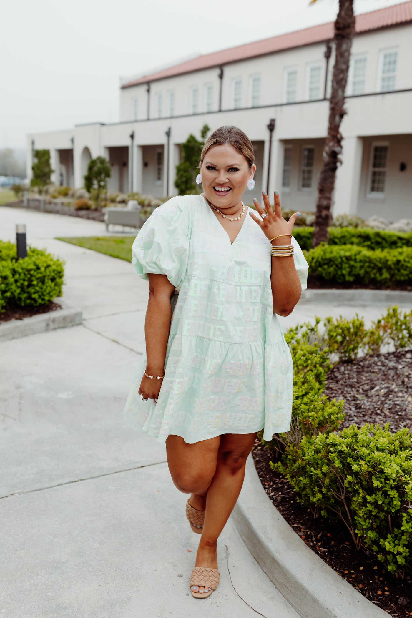 Queen Of Sparkles Mint Bride All Over Poof Sleeve Dress