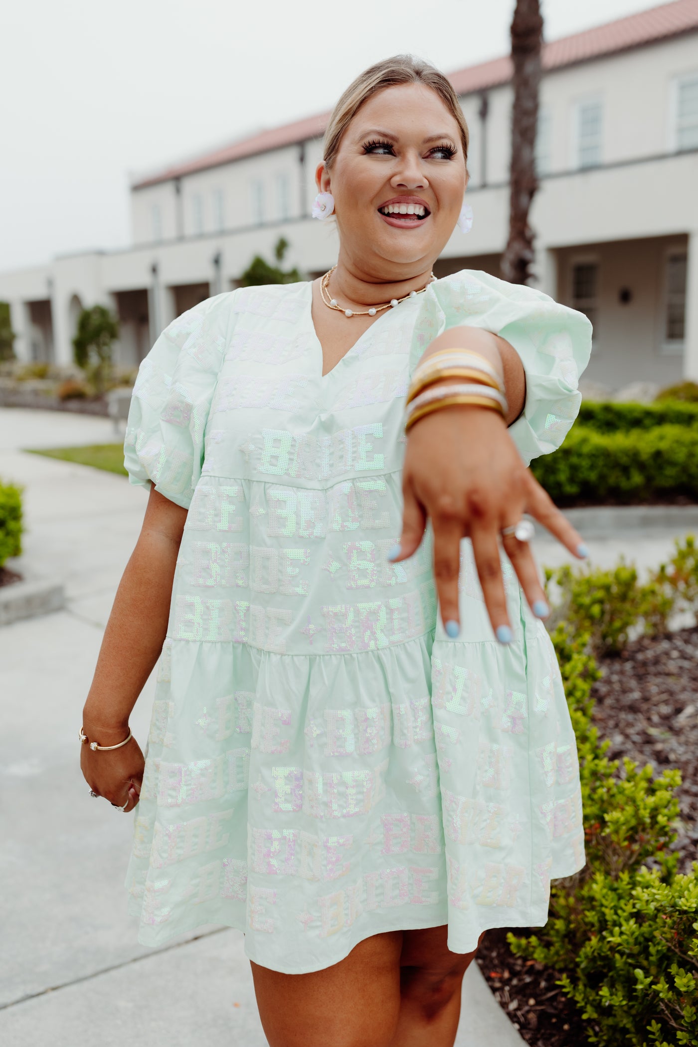 Queen Of Sparkles Mint Bride All Over Poof Sleeve Dress