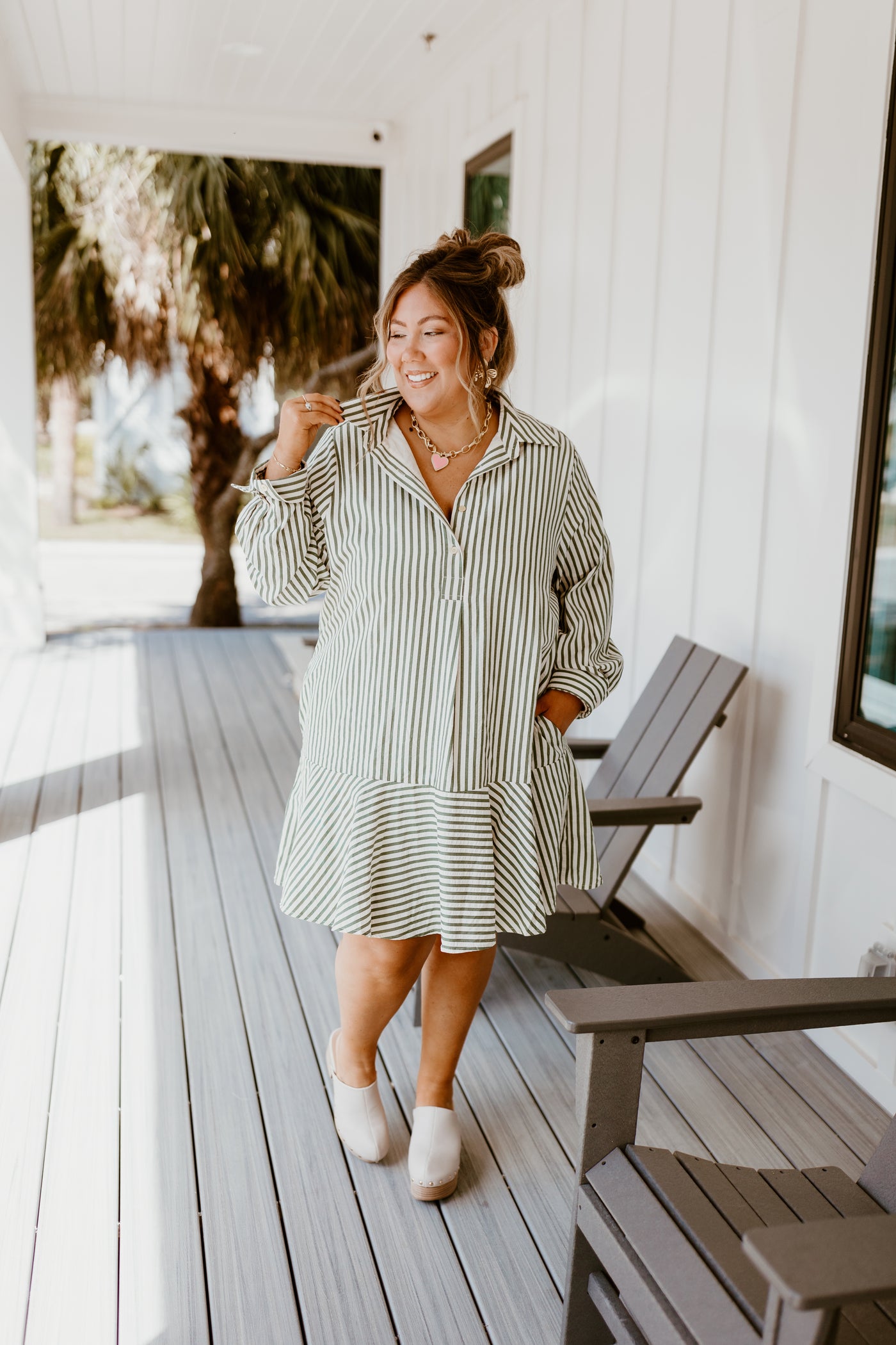 Hunter Green Striped Long Sleeve Collared Dress