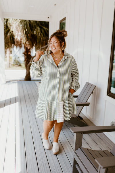 Hunter Green Striped Long Sleeve Collared Dress