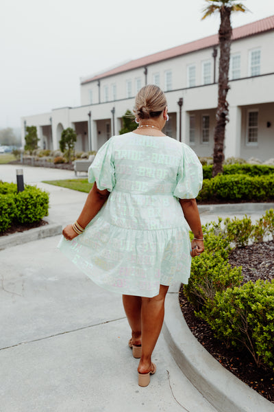 Queen Of Sparkles Mint Bride All Over Poof Sleeve Dress