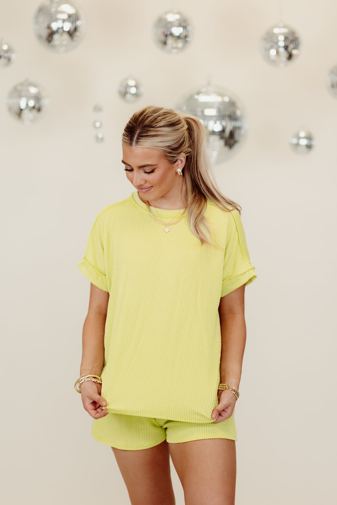 Lime Ribbed Crew Neck Short Sleeve Top and Short Set