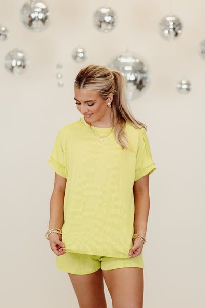 Lime Ribbed Crew Neck Short Sleeve Top and Short Set