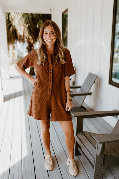 Brown Short Sleeve Button Down Romper