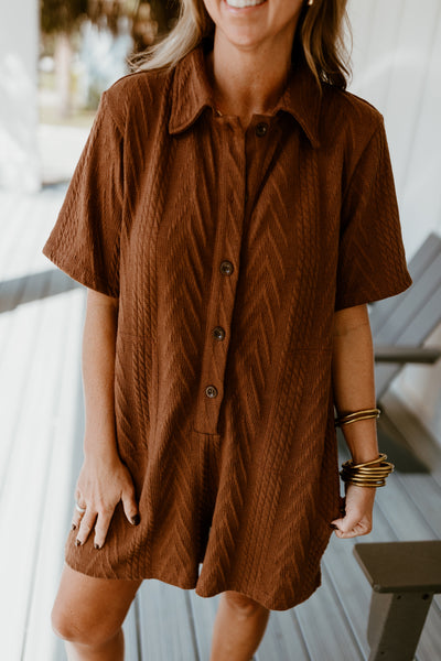 Brown Short Sleeve Button Down Romper