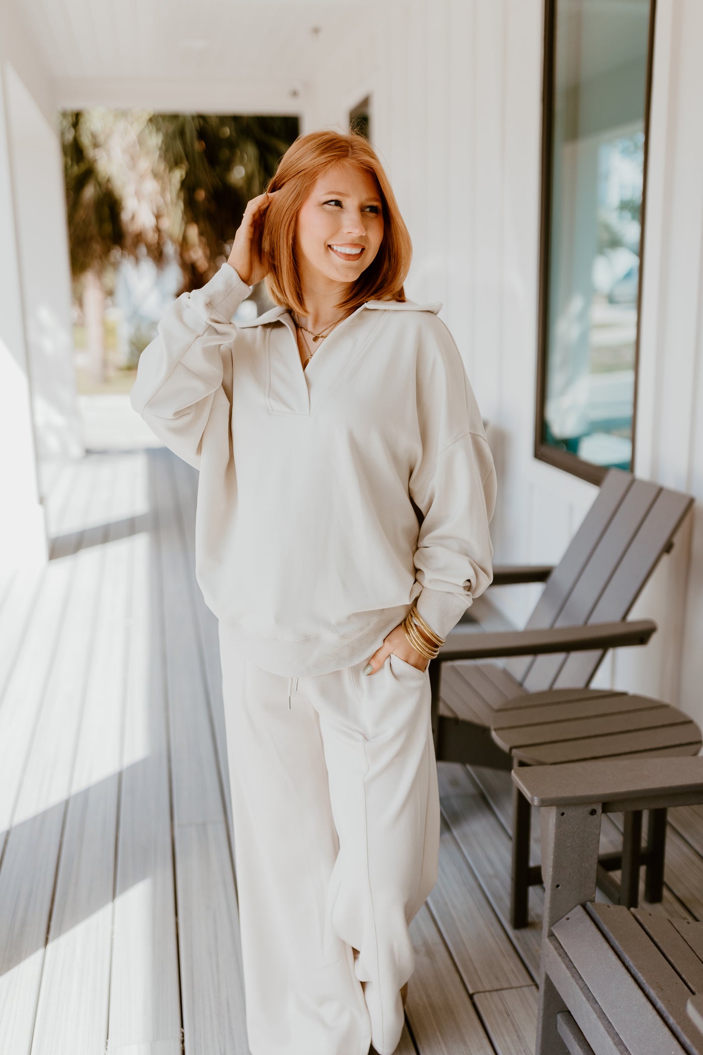 Ecru Butter Soft Notch Neck Pullover and Pant Set