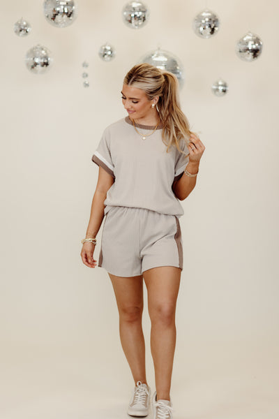 Oat and Mocha Ribbed Short Sleeve Top and Short Set