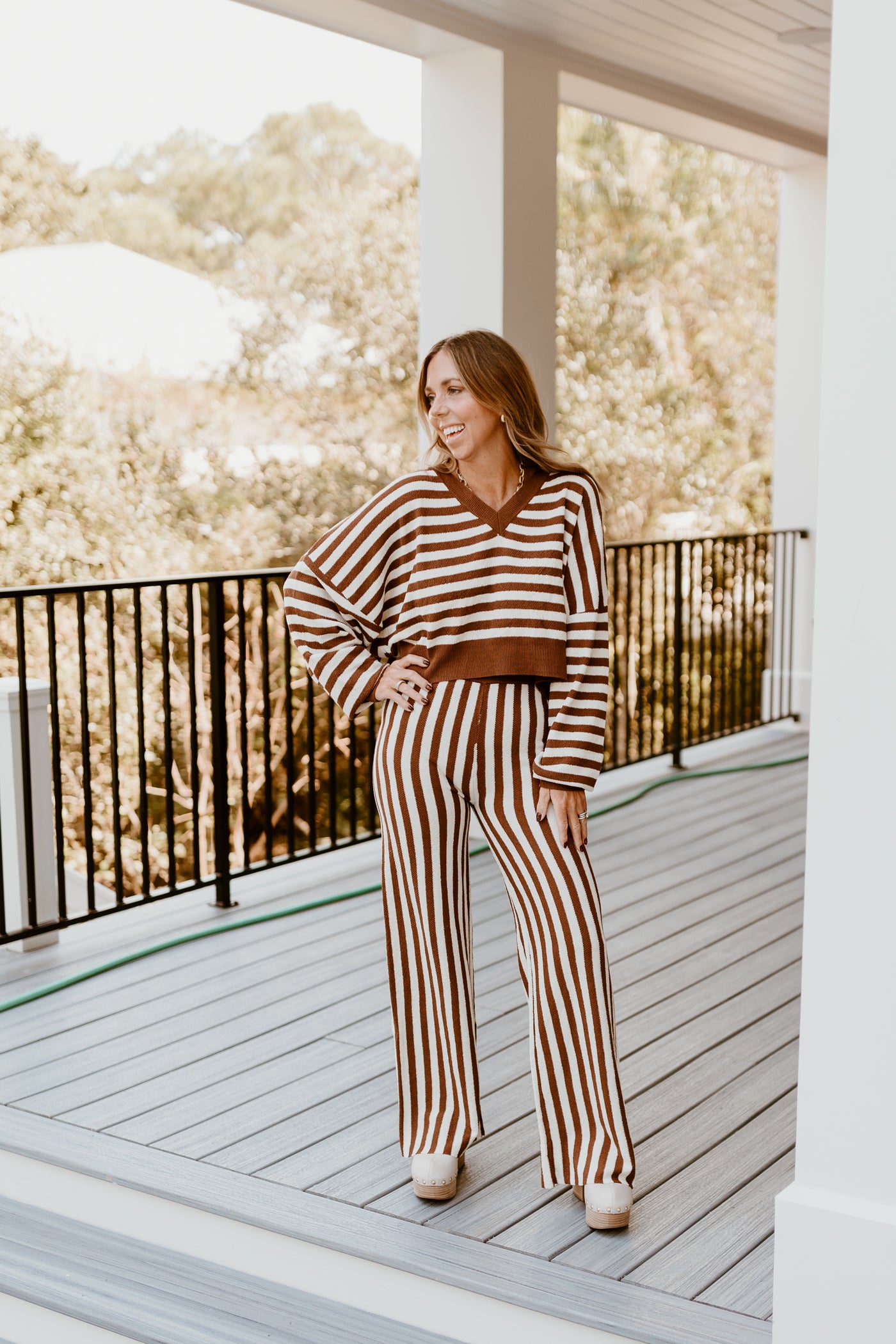 Brown Striped Cropped Sweater and Pant Set