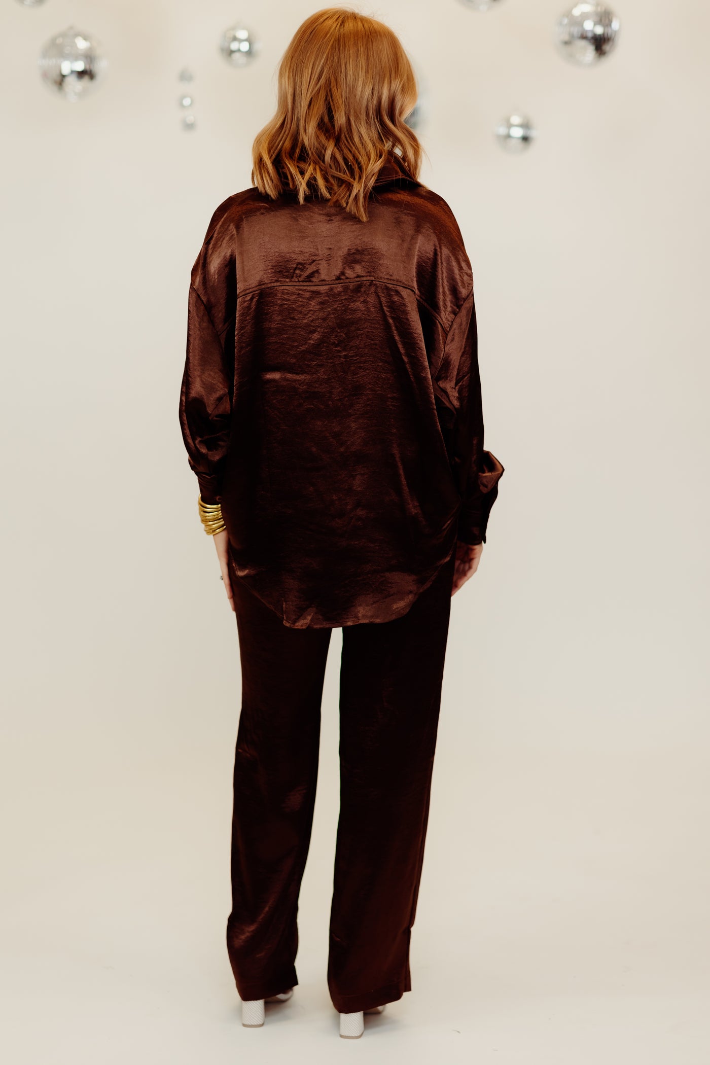 Chestnut Satin Button Down Top and Pant Set