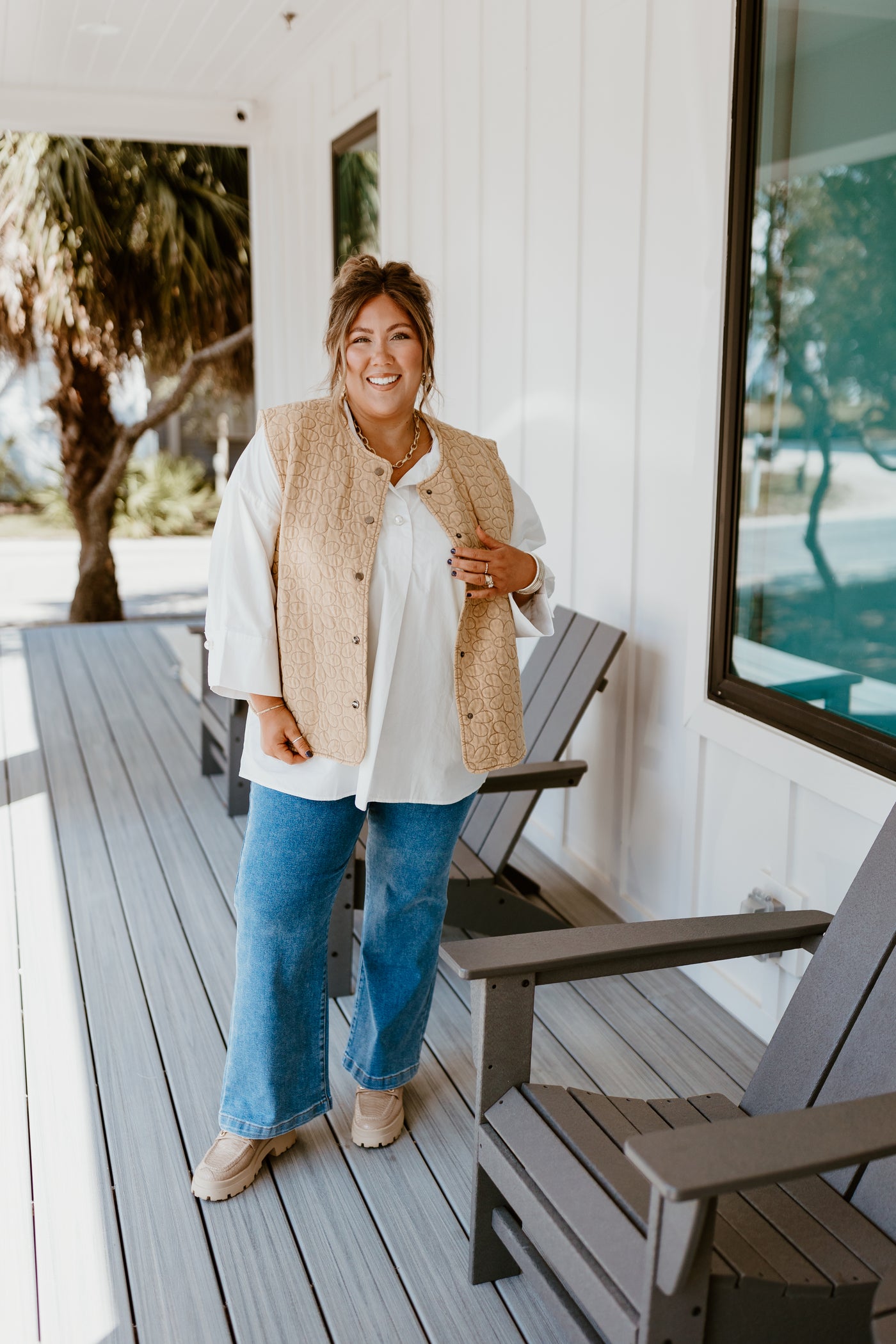 Tan Mineral Wash Floral Quilted Vest