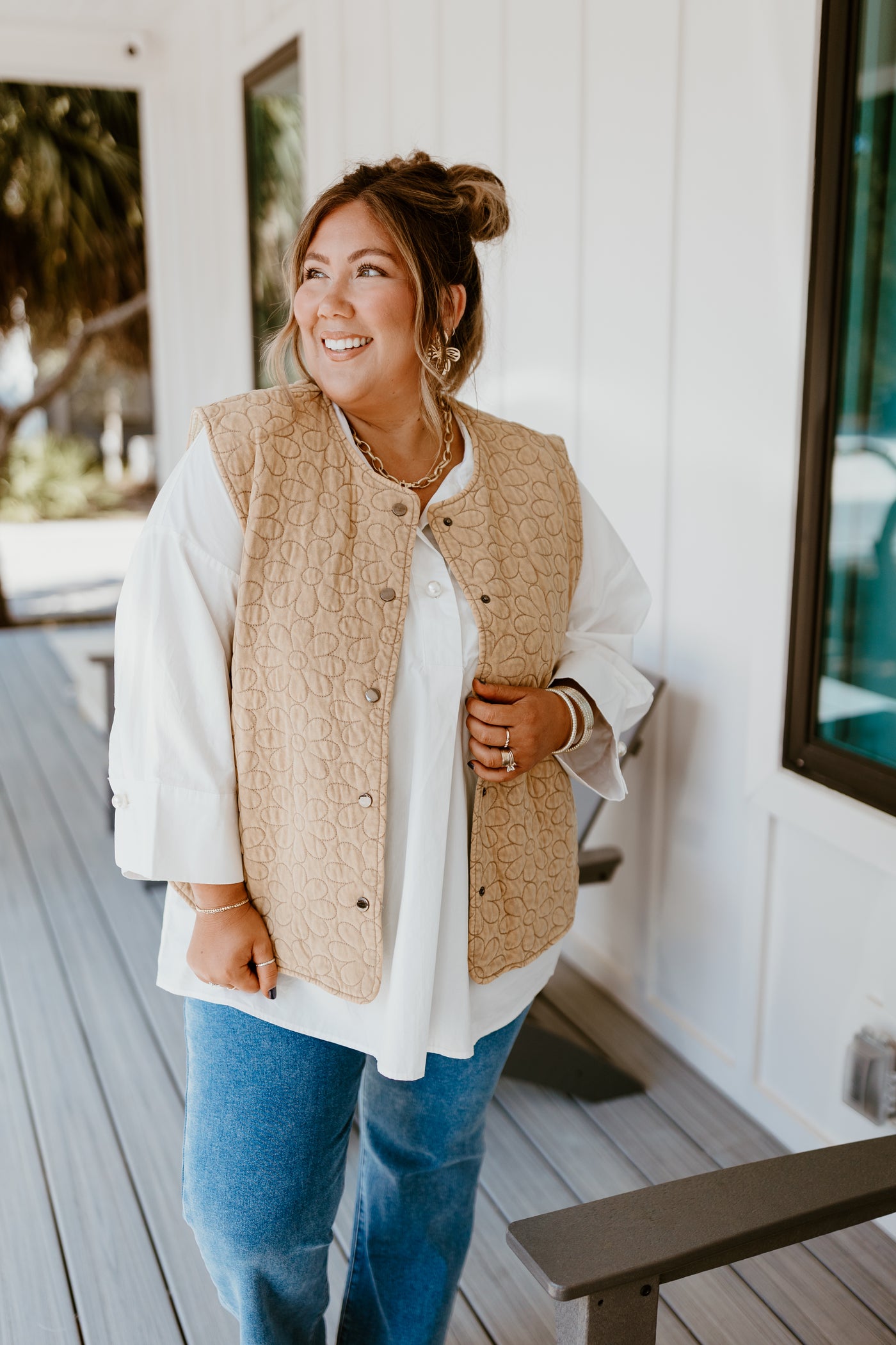 Tan Mineral Wash Floral Quilted Vest