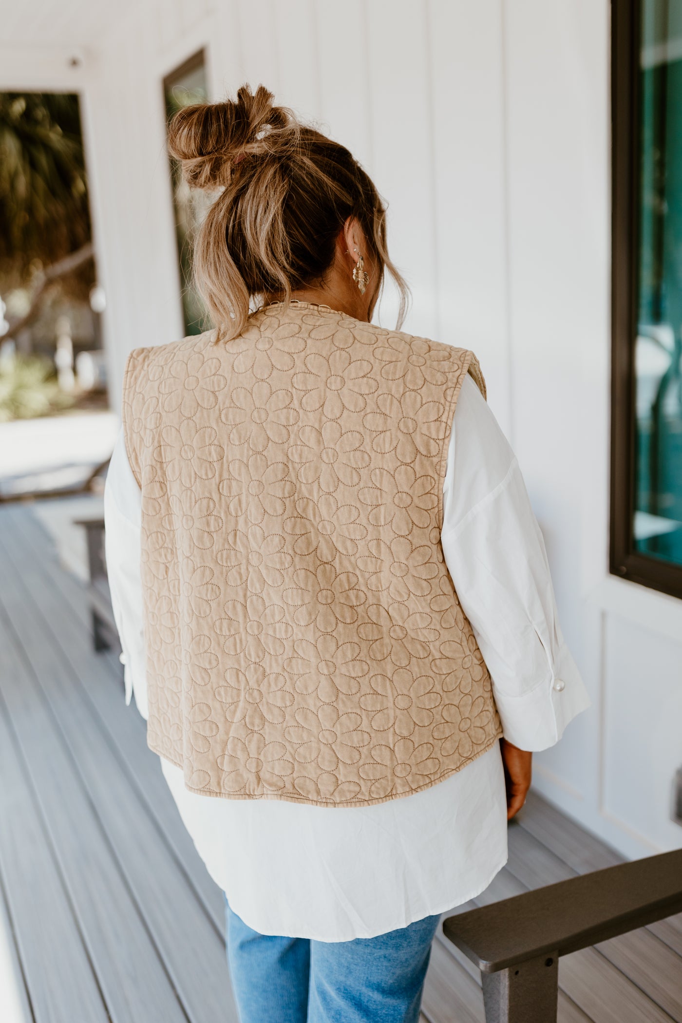 Tan Mineral Wash Floral Quilted Vest