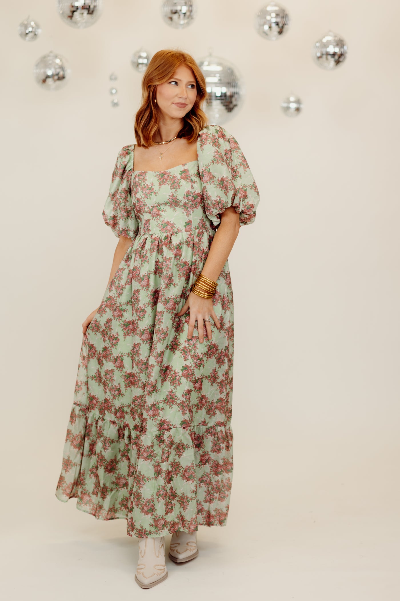 Light Green and Rose Floral Puff Sleeve Maxi Dress