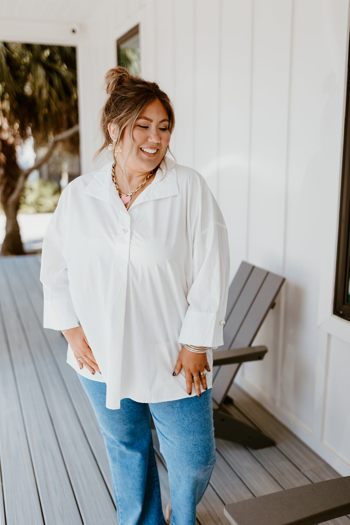 White 3/4 Sleeve Collared Blouse