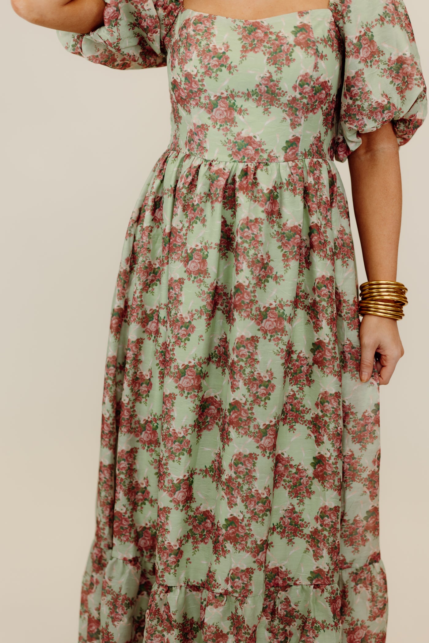 Light Green and Rose Floral Puff Sleeve Maxi Dress