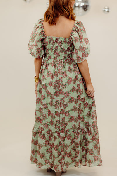 Light Green and Rose Floral Puff Sleeve Maxi Dress