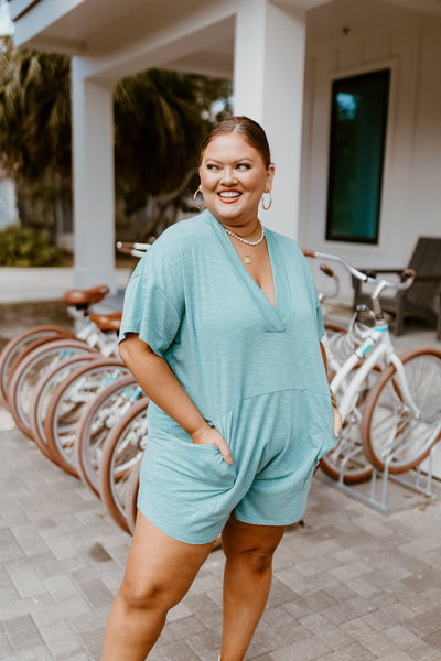 Teal Slub Knit V-Neck Oversized Romper