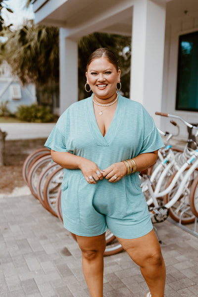 Teal Slub Knit V-Neck Oversized Romper