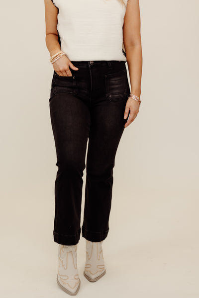 Risen Black High Rise Patch Pocket Ankle Flare Jeans