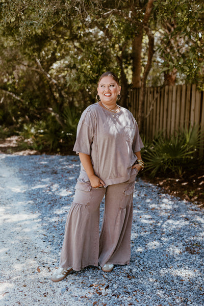 Mocha Oversized Terry Knit Top and Wide Leg Pant Set