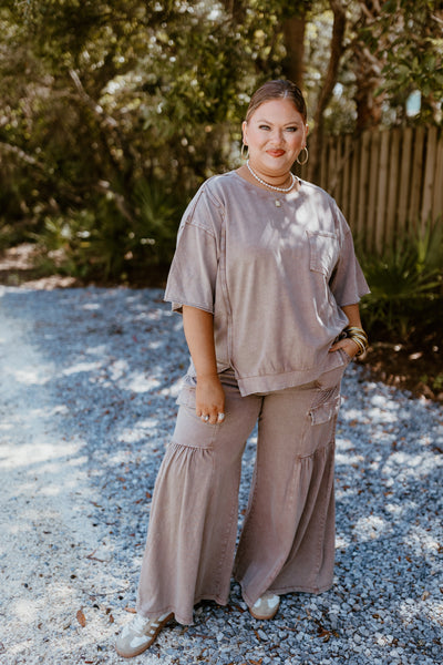 Mocha Oversized Terry Knit Top and Wide Leg Pant Set