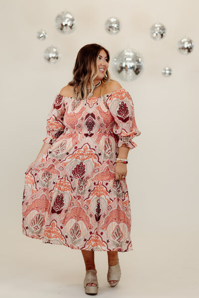 Pink Multi Abstract Printed Smocked Tiered Midi Dress