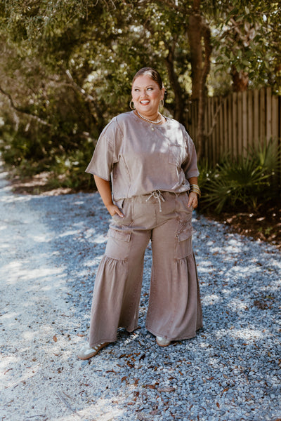 Mocha Oversized Terry Knit Top and Wide Leg Pant Set