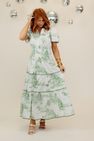 Sea Green Notch Neck Short Sleeve Printed Midi Dress