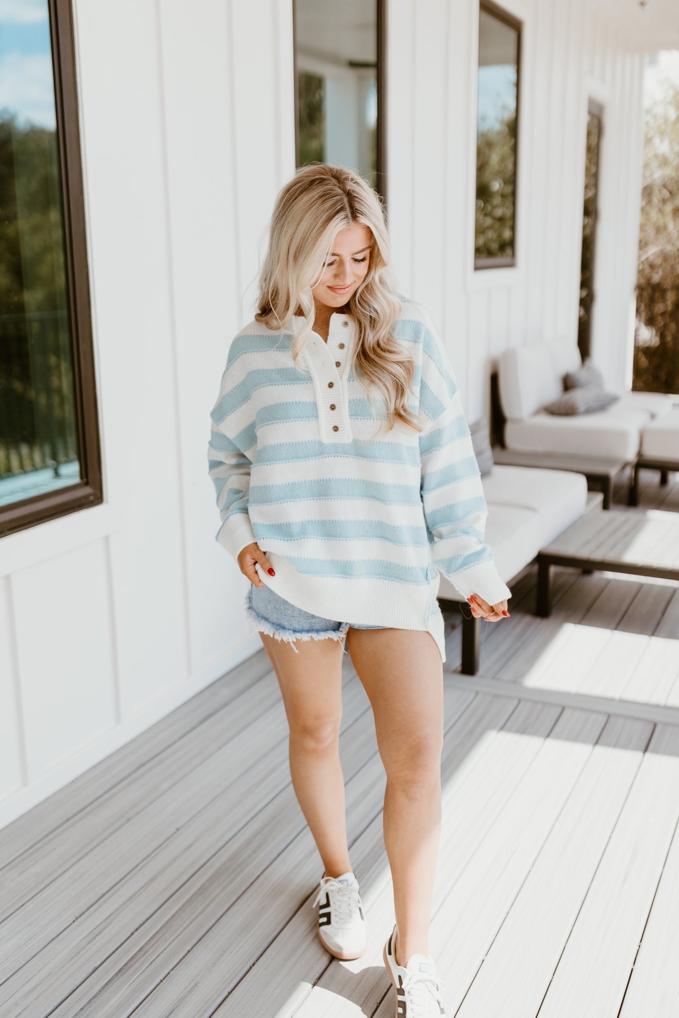 Light Blue and White Striped Oversized Sweater