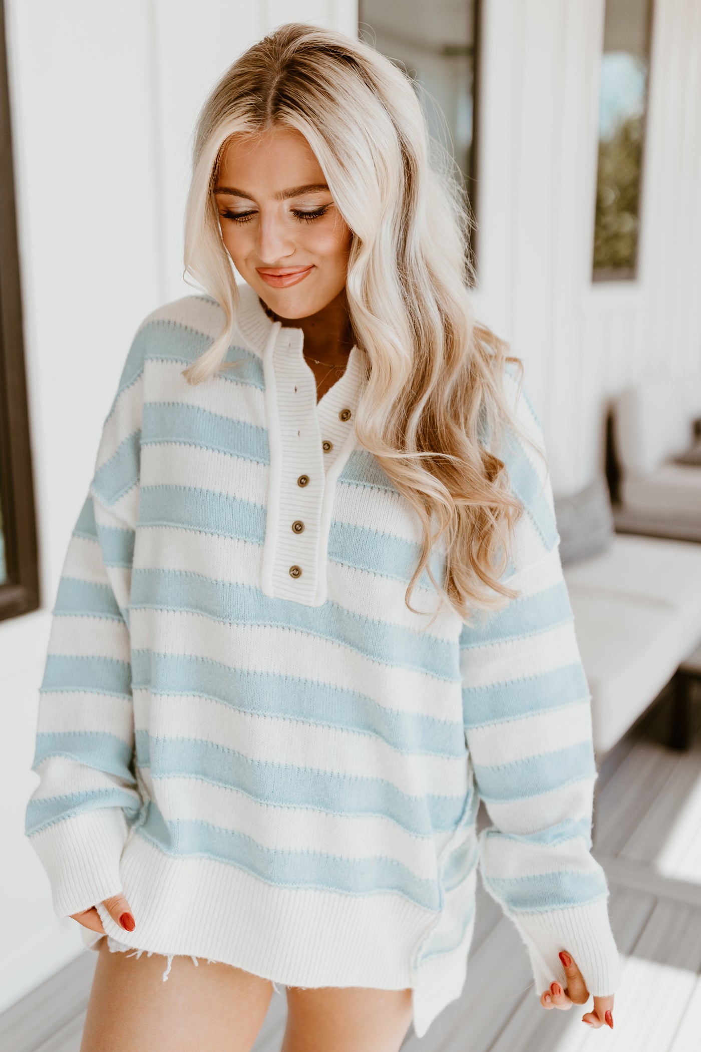 Light Blue and White Striped Oversized Sweater