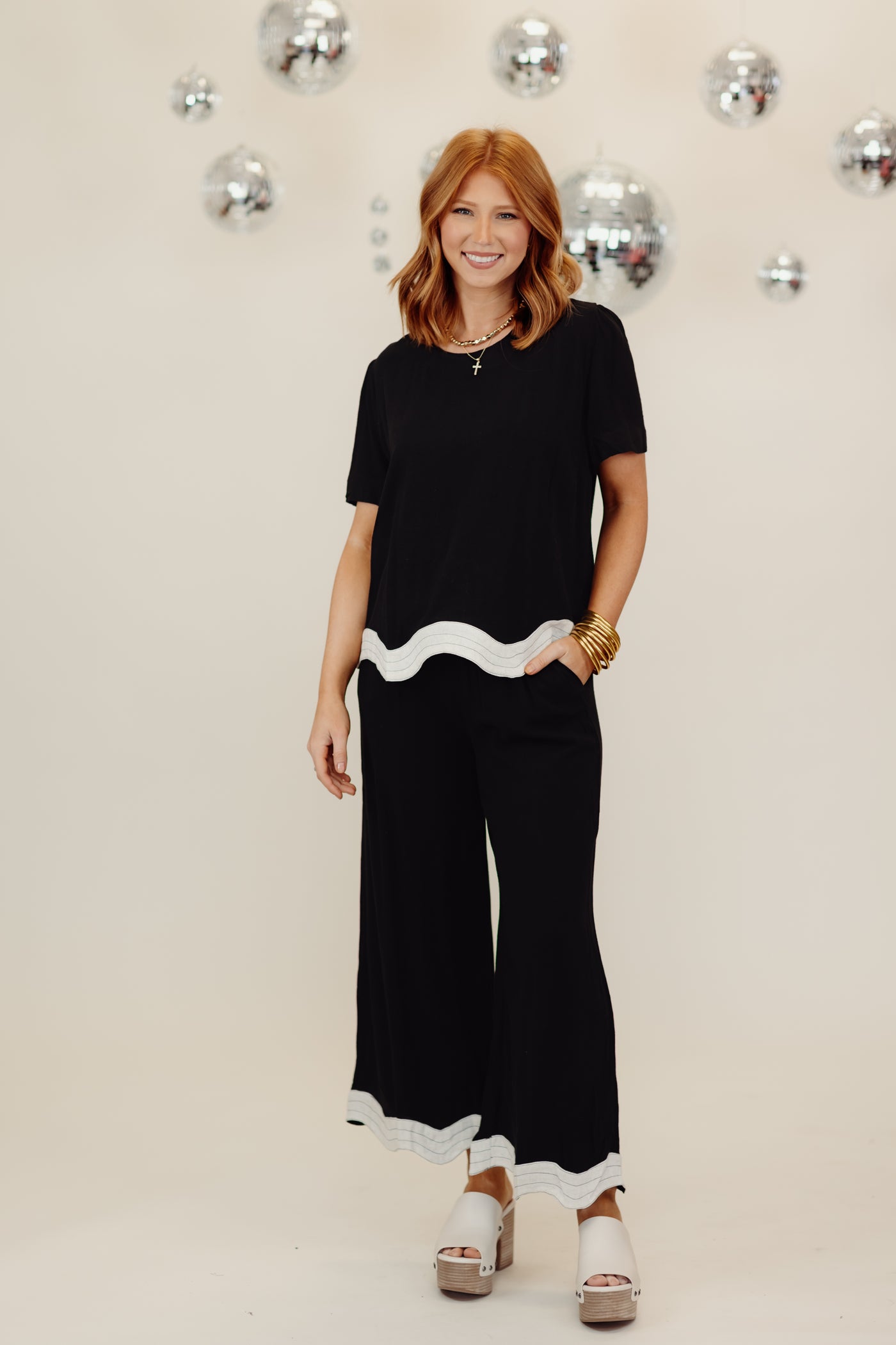 Black Wavy Trim Short Sleeve Top and Pant Set