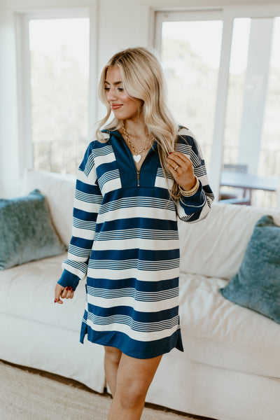 Denim Striped Collared Half Zip Dress