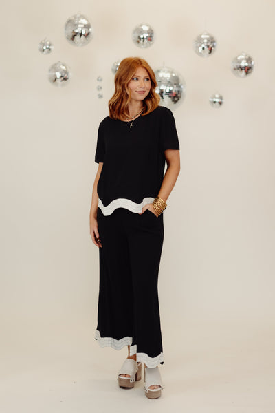 Black Wavy Trim Short Sleeve Top and Pant Set