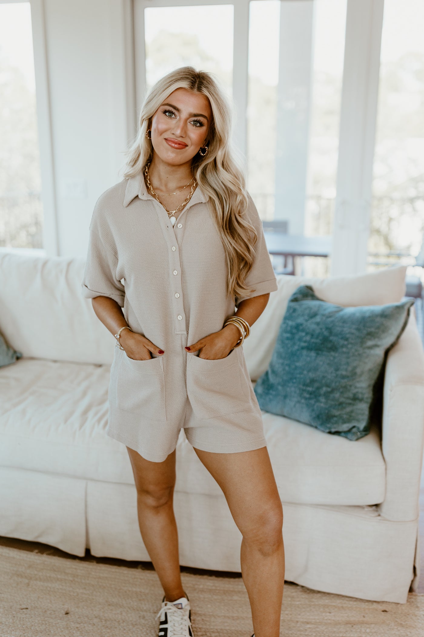 Taupe Textured Button Down Romper