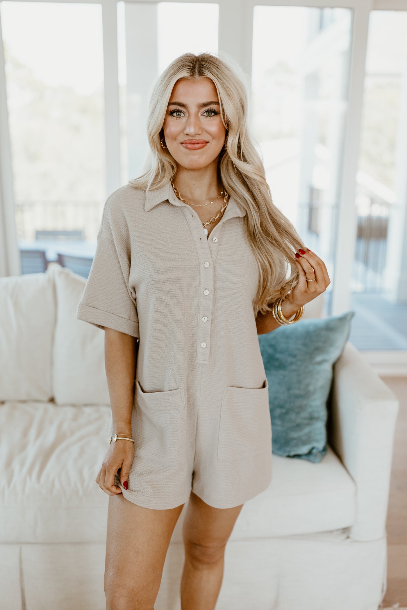 Taupe Textured Button Down Romper