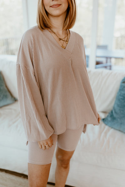 Mocha V-Neck Ballon Sleeve Sweater and Biker Short Set